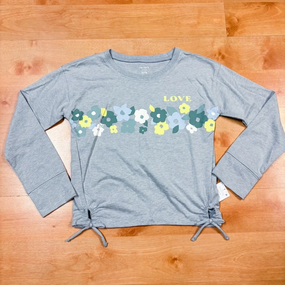 NWT Carters Gray Long Sleeve Floral “Love” Top Girls Size 7 NEW